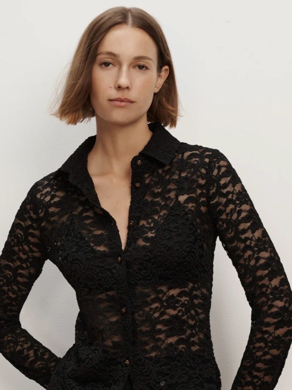 Babaton Black Lace Button-Front Collared Blouse